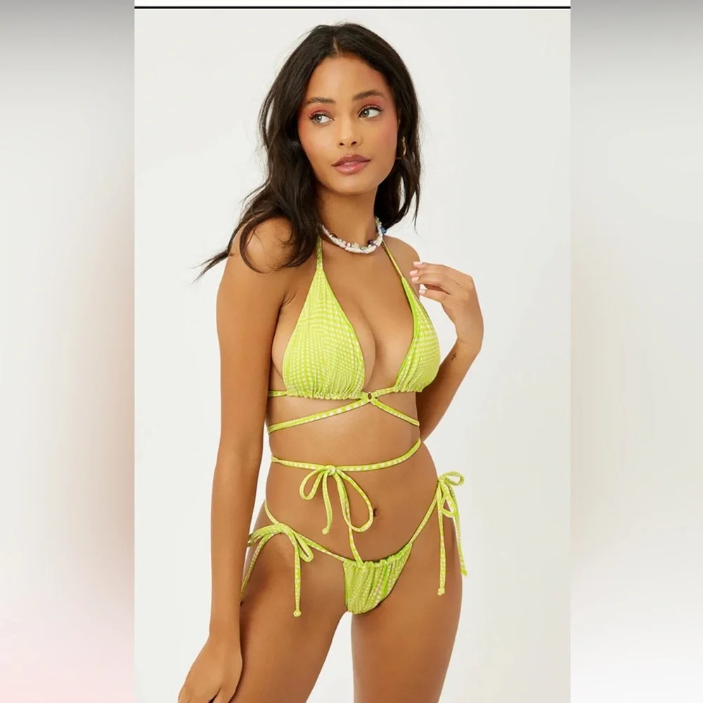 🟢Frankie's Neon Lime Triangle String tie around waist bikini Set 🟢